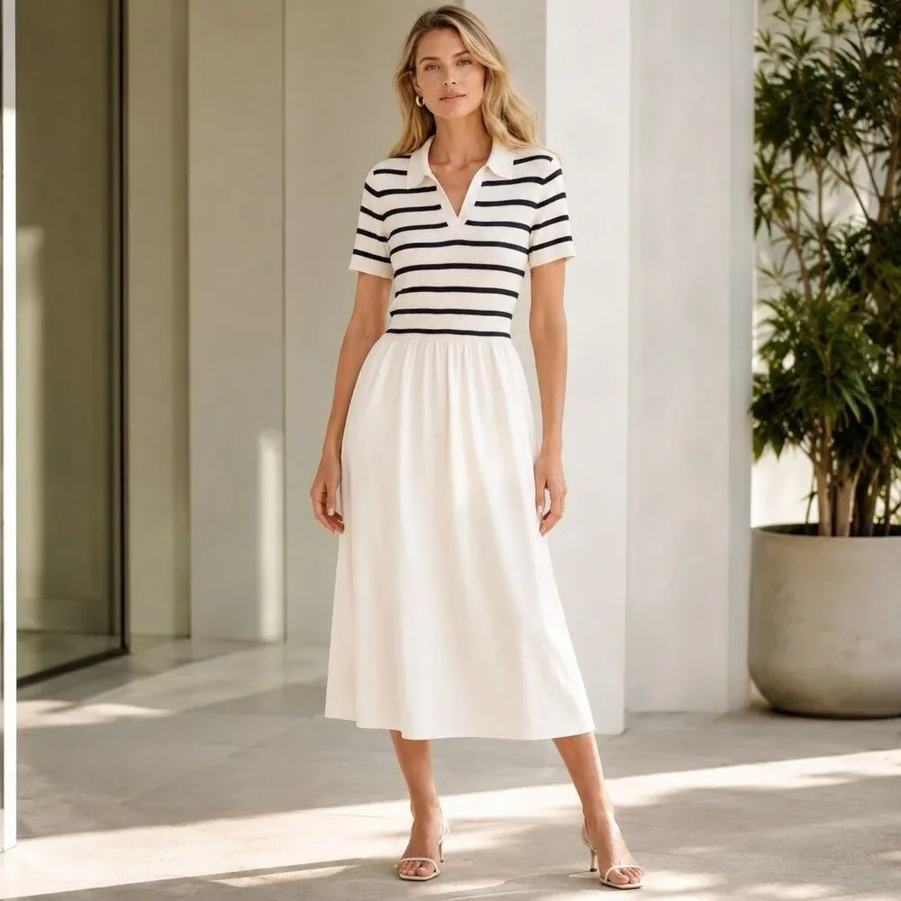 ARTELIER NICOLE MILLER Women's New LARGE Midi Dress Striped Polo Knit 006082